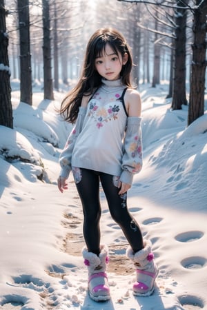 主： (foggy woods), ((Full body image)),
人：1litte 1kid 7yo gril (Child:1.2),
髮：(long hair),
服：(((Low-cut collarless and sleeveless sweater with floral pattern))), ((lace sleeves)),(((Sheer sleeveless sweater))),(((black compression tights))),(((deep V low neckline))),(((snow boots))),