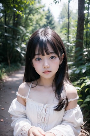 主：(Deep in the woods),(((face photo))),
人：1litte 1kid 7yo gril (Child:1.2), Korean beauty,
優：With a very high artistic composition style,Film photo texture,
髮：(long hair),(((bangs))), 
服：Off-the-shoulder,Open collar sheer tulle,