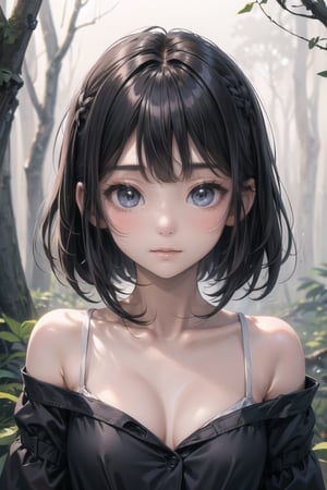 主：(deep in the misty woods),(((face photo))), 
人：1litte 1kid 7yo gril (Child:1.2), 
優：With a very high artistic composition style, 
髮：(((short hair))),(((bangs))),(((Well-defined hair strands:1.4))), 
服：(Off-the-shoulder),deep V neckline,