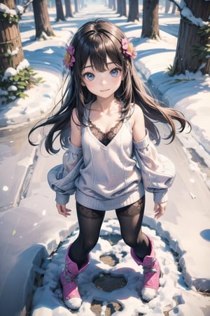 主： (foggy woods), ((Full body image)),
人：1litte 1kid 7yo gril (Child:1.2),
體：Beautifully proportioned body,
髮：(long hair),
服：(((Low-cut collarless and sleeveless sweater with floral pattern))), ((lace sleeves)),(((Sheer sleeveless sweater))),(((black compression tights))),(((deep V low neckline))),(((snow boots))),Ancient costume