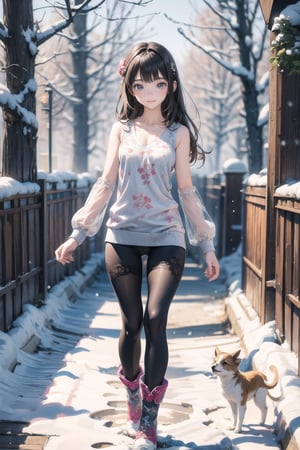 主： (foggy woods), ((Full body image)),
人：1litte 1kid 7yo gril (Child:1.2),
體：Beautifully proportioned body,
髮：(long hair),
服：(((Low-cut collarless and sleeveless sweater with floral pattern))), ((lace sleeves)),(((Sheer sleeveless sweater))),(((black compression tights))),(((deep V low neckline))),(((snow boots))),Ancient costume