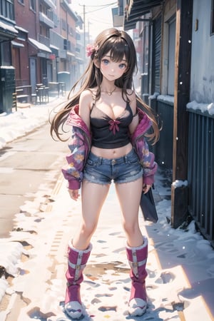 主：(In the alley at night),(((Full body image))),
人：1litte 1kid 7yo gril (Child:1.2),
體：(Beautiful little girly body proportions),(smaller body frame),(Obvious crotch and vaginal shape),
髮：(Long straight hair),
服：(((Off-the-shoulder))),(deep V neckline),(((cleavage))),(Damaged style),
服：(((Low-cut collarless and sleeveless sweater with floral pattern))),(((Sheer sleeveless sweater))),(((deep V low neckline))),(very short denim hot pants),(((snow boots))),