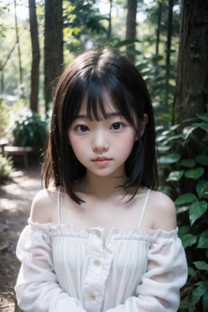 主：(Deep in the woods),(((face photo))),
人：1litte 1kid 7yo gril (Child:1.2), Korean beauty,
優：With a very high artistic composition style,Film photo texture,
髮：(long hair),(((bangs))), 
服：Off-the-shoulder,Open collar sheer tulle,