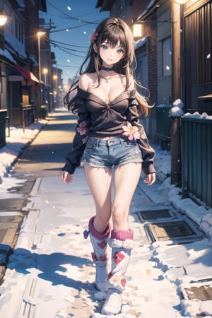 主：(In the alley at night),(((Full body image))),
人：1litte 1kid 7yo gril (Child:1.2),
體：(Beautiful little girly body proportions),(smaller body frame),(Obvious crotch and vaginal shape),
髮：(Long straight hair),
服：(((Off-the-shoulder))),(deep V neckline),(((cleavage))),(Damaged style),
服：(((Low-cut collarless and sleeveless sweater with floral pattern))),(((Sheer sleeveless sweater))),(((deep V low neckline))),(very short denim hot pants),(((snow boots))),