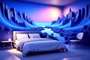 A wall painting that depicts a beautiful landscape, with a 3D fractal texture, and a blue hour lighting effect. The painting should be realistic and detailed, with a focus on the use of light and shadow to create a sense of depth and movement. The 3D fractal texture should be used to create a sense of energy and excitement, and the blue hour lighting effect should create a sense of peace .
