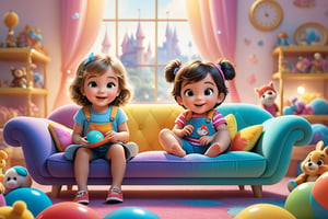 Create an 8K high-definition image in the Disney style featuring two adorable children playing on a sofa. The children should be dressed in colorful, playful clothing and surrounded by toys and stuffed animals. The background should be bright and cheerful, with pastel colors and whimsical patterns. The scene should convey a sense of joy and happiness. Please make sure the image is high-resolution and detailed
