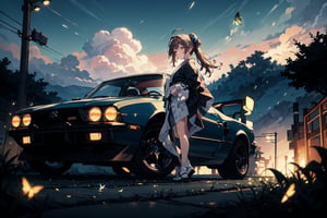 Japanese girl in front of a 90's Japanese sports car with a sunset road background,firefliesfireflies,sangonomiya kokomi (sparkling coralbone)