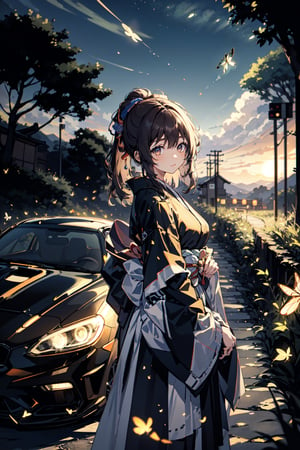 Japanese girl in front of a 90's Japanese sports car with a sunset road background,firefliesfireflies,sangonomiya kokomi (sparkling coralbone)