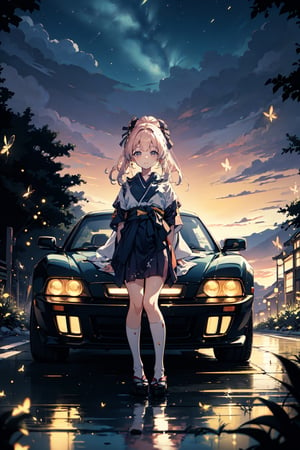 Japanese girl in front of a 90's Japanese sports car with a sunset road background,firefliesfireflies,sangonomiya kokomi (sparkling coralbone)