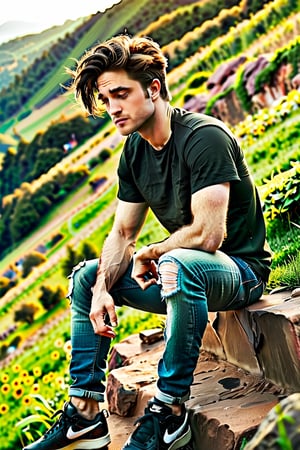 Mxl,deepakgurjar,LegendDarkFantasy,HIGHLY DETAILED, HIGH QUALITY, MASTERPIECE, BEAUTIFUL, MUSICAL ALBUM COVER (full shot), 1 boy, alone, Robert Pattinson, sitting on his side with his hair covering his eyes, long black hair, tigerish skin, ectomorphic body, jeans skinny fit ripped lead, black Nike sneakers, on a hill, detailed background, aterdezer, that says the phrase BravT ASTRAL,