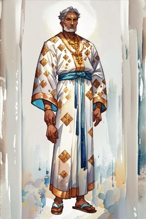 ((watercolor illustration on parchment)) score_9, score_8, score_7_up, elderly male priest with wrinkly brown skin, grey hair, gold and white robes, sandals, white background, full body shot, solo, 1 person, masterpiece,JediStyle,KA