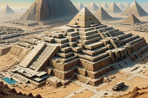 gigantic, mesopotamian, fortress ziggurat made of white marble, massive, desert, hazy, wide shot, isometric view, masterpiece, high_resolution,matte painting,Building_Egyptian,DonMC3l3st14l3xpl0r3rsXL,portrait,egyptTech,painted world,more detail XL,digital artwork by Beksinski,shadowrun_character,science fiction