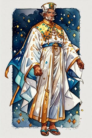 ((watercolor illustration on parchment)) score_9, score_8, score_7_up, elderly male priest with wrinkly brown skin, grey hair, gold and white robes, priest hat, sandals, white background, full body shot, solo, 1 person, masterpiece,JediStyle,KA