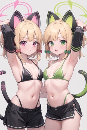 masterpiece, best quality, mini skirt,bikini,tolpess,niplpes,navel,Bare clavicle,armpits,
2girls, pink eyes, green eyes, short hair, sidelocks, pink halo, green halo, fake animal ears, cat tail, red hair bow, green hair bow, suspenders, black skirt, black shorts, 