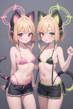 masterpiece, best quality, 1girl, mini skirt,bikini,tolpess,niplpes,navel,
2girls, pink eyes, green eyes, short hair, sidelocks, pink halo, green halo, fake animal ears, cat tail, red hair bow, green hair bow, suspenders, black skirt, black shorts, 