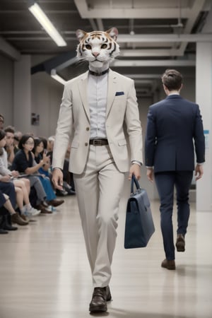 A anthropomorphic tiger, dignified and majestic,tall and tall in stature,walking on the runway in a fashion show, wearing a  fashion suit and leather shoes, with a white shirt, a black and handbag. Clothing has a sense of design,A full body shot of the cat from the front view, in the style of anime. The rendering was done with Unreal Engine at best quality.
