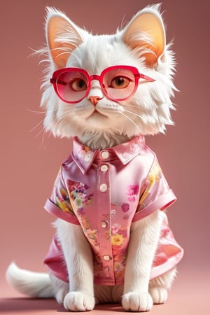 a anthropomorphic white cat, cute ,wearing sunglasses, pink and yellow floral short sleeve shirt with high necked tattered gradient fabric shorts, candy colored, 3D rendering, blurred background, full body shot, in the style of Disney, anime aesthetic, cute pose, detailed facial features, closeup of the upper half of the face, pink tones, bright colors, cheerful movements. in