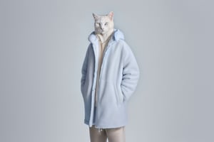 An anthropomorphic white cat, wearing a down jacket and sweatpants, sneakers,multi layered design clothing, with a clear face and long hair shaped like a shoulder length wool hat, wearing a fur coat with a hood against a light blue background,a full body photo,  