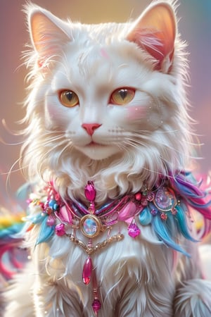 a anthropomorphic white cat, Lively, beauty, with colorful fur, yellow background, with a pink, red, blue, green, and purple color scheme. Soft light and ultrahigh details in a digital art style resembling the work of pixiv. it has rainbow colored curly long hair,  colorful Lips