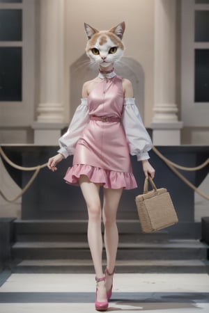 Anthropomorphic  cat ,Fashion runway,Full body,cat wearing pink sparkling dress,anthropomorphic,high-end design style,beautiful ,A slender an slender figure,Milan Fashion Show,Full body,Dynamic capture of runway shows,Elegant and fashionable