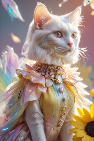 a anthropomorphic white cat,living,beautiful,wearing a yellow shirt and transparent skirt, in a full body shot with high heels standing on sunflower flowers, with pastel rainbow colors, in the style of retrofuturism, with a pastel color tone, and a dreamy atmosphere, like a fashion magazine cover, with studio lighting, in a hyper realistic photographic style, with hyper detailed face.