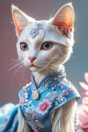 a anthropomorphic white cat,living,beautiful, 3D rendering, wearing a blue and pink floral cheongsam dress, with exquisite facial features and perfect face details including hair accessories and earrings on a solid color background with a gradient color scheme and studio lighting with a soft focus and clean background, rendered at high definition quality.