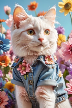 A anthropomorphic cat, beautiful, wearing an off the shoulder top and denim shorts ,with large colorful flowers on a background of giant pastel colored flower petals, perfect body shape, cute pose, bright light blue sky, photorealistic portraits in the style of giant pastel colored flower petals, light purple green pink yellow colors, solid color backgrounds, hyper realistic photography, romantic charm, cute cartoonish designs
