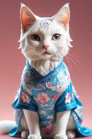 a anthropomorphic white cat,living,beautiful, wearing a blue and pink floral cheongsam, with  strong light on its face, against a gradient background in the style of zbrush, with bold animal character designs rendered with vray tracing, depicting charming anime animal characters in an oshare kei style with a blue and white color scheme.