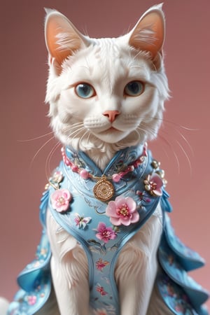 a anthropomorphic white cat,living,beautiful, wearing a blue and pink floral cheongsam, a delicate face with rosy cheeks, exquisite earrings, on a solid color background, in the style of 3D rendering, a full body portrait in the front view, with solid colors, natural light, fine details, bright eyes, a lively expression, and colorful .
﻿