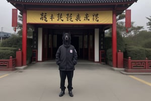 A anthropomorphic black dog, wearing Chinese security clothes, standing at the entrance of the Chinese community