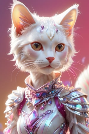 a anthropomorphic white cat, Lively,wearing a pastel rainbow gradient skirt in the style of a futuristic style. Realistic anime inspired illustration in a shiny/glossy, dreamlike style with dark pink and light purple colors. Detailed facial features with no background in a hyperrealistic pop style.