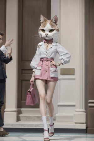 Anthropomorphic  cat ,Fashion runway,Full body,cat wearing pink sparkling dress,anthropomorphic,high-end design style,beautiful ,A slender an slender figure,Milan Fashion Show,Full body,Dynamic capture of runway shows,Elegant and fashionable,Holding a handbag