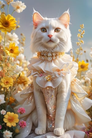 a anthropomorphic white cat,living,beautiful,wearing a yellow shirt and transparent skirt, standing on big flowers in a colorful, dreamy mood, in the style of hyper realistic photography.