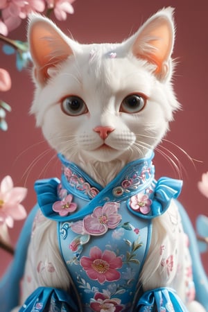 a anthropomorphic white cat,living,beautiful,  wearing a blue and pink floral cheongsam, big eyes, a cute face, on a solid color background, in the style of Disney, with blender rendering, using an OC renderer, in high resolution photography, as a full body portrait, with 3D modeling, as a character design, with high detail.