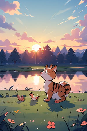 ((masterpiece,best quality)), cinematic composition, In the peaceful countryside, the sun rises, one  cat playing with one duck,in the yard, hmochako,dr24jab,Mid shot,Side face