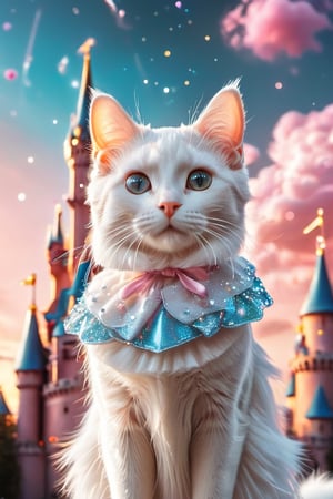 A white cat , standing before A magical castle, surrounded by pink and blue clouds, sparkling stars, with a cute cartoon style and colorful, dreamy pastel color palette. Glittering and sparkling with a magical, fantasy feel. The artwork has a cute and kawaii vector art style in the style of high resolution, high detail, high quality, high sharpness, and high clarity. It also has high vibrance, high saturation, and high contrast with high saturation. The photography is professional quality with a hyperrealistic and hyper detailed style that looks hyper realistic.