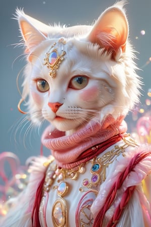 a anthropomorphic white cat, Lively, beauty,  with colorful fur , wearing a yellow, red and blue costume, pink lips, pink blush on cheeks, pink eyeshadow, big eyes, yellow background, soap bubbles around its face, in the style of Artgerm, pastel colors, detailed facial features, a digital painting, detailed facial expressions, romantic illustrations, trending at Artstation.