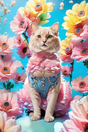 A anthropomorphic cat, like a girl, wearing an off the shoulder top and denim shorts ,with large colorful flowers on a background of giant pastel colored flower petals, perfect body shape, cute pose, bright light blue sky, photorealistic portraits in the style of giant pastel colored flower petals, light purple green pink yellow colors, solid color backgrounds, hyper realistic photography, romantic charm, cute cartoonish designs