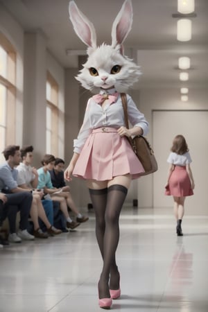 A anthropomorphic rabbit, ature and charming,walking on the runway in a fashion dress and high heels, with a pink skirt, white blouse and shoulder bag. A full body shot of the cat from the front view, in the style of anime. The rendering was done with Unreal Engine at best quality.
