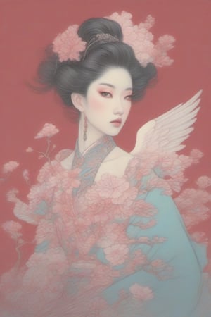 Create a Beautiful woman, in the style of stefan kostic, pastels, realistic, sharp focus, 8k high definition, insanely detailed, intricate, elegant, art by Hsiao ron cheng,taiwan,ral-glydch,Red mecha,emo,Ukiyo-e,Eimi,Angel,AngelicStyle