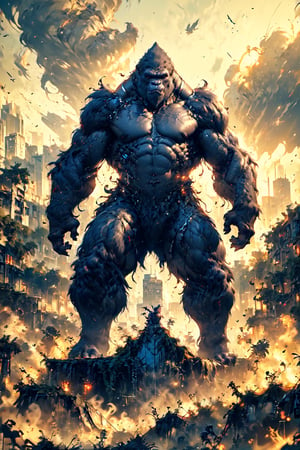 (Masterpiece:1.5), (Best quality:1.5), Cyberpunk style, full body, A towering King Kong, amidst a ruined city, bellows in fury. The massive creature, its fur a shimmering silver, muscles rippling beneath its majestic form, stands as a symbol of primal power and untamed beauty. This remarkable image is a digitally enhanced photograph, capturing every intricate detail with stunning clarity and depth. The backdrop of crumbling buildings and twisted metal only serves to enhance the gorilla's imposing presence, making it a truly unforgettable sight. With each pixel meticulously crafted, this image exudes a sense of awe and wonder, leaving viewers breathless in the face of such magnificence, King Kong,Magic Forest,no_humans,mechadinov1,naked,DonM4lbum1n