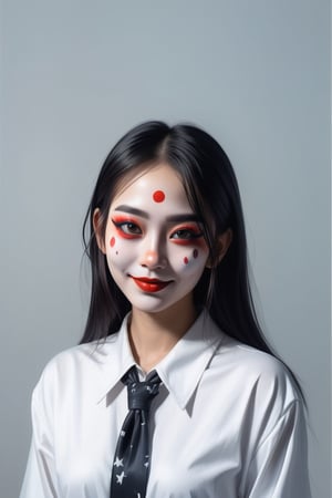 photorealistic and dressed like a clown, bright light, smiling, front view
,LegendDarkFantasy,DonM3v1lM4dn355XL ,darkart,Asian Girl,ghost person,TechStreetwear,expressionist painting
