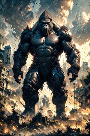 (Masterpiece:1.5), (Best quality:1.5), Cyberpunk style, full body, A towering King Kong, amidst a ruined city, bellows in fury. The massive creature, its fur a shimmering silver, muscles rippling beneath its majestic form, stands as a symbol of primal power and untamed beauty. This remarkable image is a digitally enhanced photograph, capturing every intricate detail with stunning clarity and depth. The backdrop of crumbling buildings and twisted metal only serves to enhance the gorilla's imposing presence, making it a truly unforgettable sight. With each pixel meticulously crafted, this image exudes a sense of awe and wonder, leaving viewers breathless in the face of such magnificence, King Kong,Magic Forest,no_humans,mechadinov1,naked,DonM4lbum1n