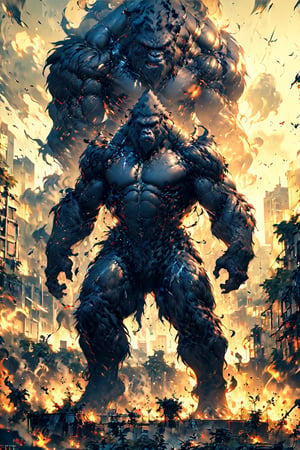 (Masterpiece:1.5), (Best quality:1.5), Cyberpunk style, full body, A towering King Kong, amidst a ruined city, bellows in fury. The massive creature, its fur a shimmering silver, muscles rippling beneath its majestic form, stands as a symbol of primal power and untamed beauty. This remarkable image is a digitally enhanced photograph, capturing every intricate detail with stunning clarity and depth. The backdrop of crumbling buildings and twisted metal only serves to enhance the gorilla's imposing presence, making it a truly unforgettable sight. With each pixel meticulously crafted, this image exudes a sense of awe and wonder, leaving viewers breathless in the face of such magnificence, King Kong,Magic Forest,no_humans,mechadinov1,naked,DonM4lbum1n