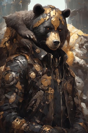 a antropomorphic bear wearing a leather jacket,dal,dark anime,Golden Warrior Mecha,Eimi,shards