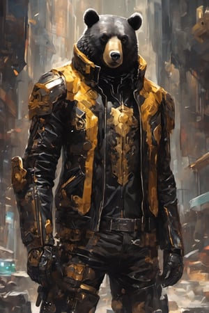 a antropomorphic bear wearing a leather jacket,dal,dark anime,Golden Warrior Mecha,Eimi,shards