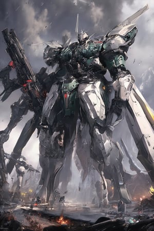 Create an anime-style, human-shaped medium-sized mech standing tall on a battlefield. The mech features heavy armor in a mix of army green and white, with angular, sleek plates detailed with red highlights and glowing parts. It holds a large, futuristic rifle in one hand, exuding power and readiness. The design should emphasize mechanical complexity, with visible joints, pistons, and advanced technology. Smoke, debris, and dynamic lighting surround the scene, giving the sense of an intense, ongoing battle. The lighting should highlight the mech's imposing stature, while the background has a war-torn landscape.