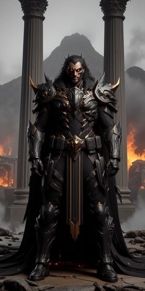  a warrior stands in front of two tall pillars. The warrior is dressed in a black and gold armor, adorned with gold accents. The armor is adorned with a belt, a belt buckle, and a long flowing cape. The man has long, dark brown hair and a dark beard. His facial expression is serious, as if he is ready for a battle. The scene is set against a gray, foggy sky, with a burning mountain in the background,full_body