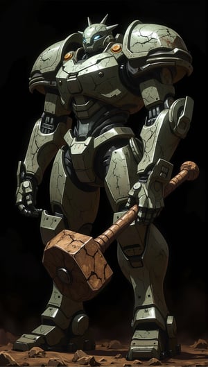 Highly detailed, imposing mecha with one arm replaced by a massive, earth-elemental hammer, featuring rocky textures and cracks with glowing veins to evoke a natural, grounded power. The mecha has intricate metallic armor with layered plating and gears, contrasting with the rugged hammer. Set against a black background with soft, dynamic shadows that give depth and a realistic look. Highlights and reflections accentuate the metallic surfaces, and the hammer appears as if made from rock and soil, embodying the essence of earth.