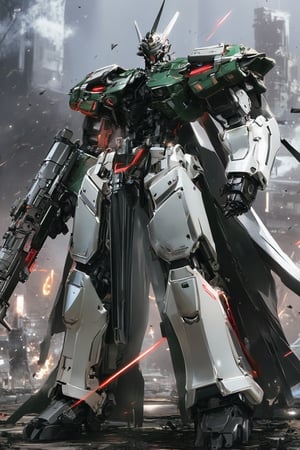 Create an anime-style, human-shaped medium-sized mech standing tall on a battlefield. The mech features heavy armor in a mix of army green and white, with angular, sleek plates detailed with red highlights and glowing parts. It holds a large, futuristic rifle in one hand, exuding power and readiness. The design should emphasize mechanical complexity, with visible joints, pistons, and advanced technology. Smoke, debris, and dynamic lighting surround the scene, giving the sense of an intense, ongoing battle. The lighting should highlight the mech's imposing stature, while the background has a war-torn landscape.